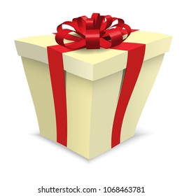 Yellow cartoon vector gift box. Temlate illustration with red bow tie. Realistic birthday gift isolated on white background. Drop shadow paper present childhood copyspace handdrawn deformed ribbon