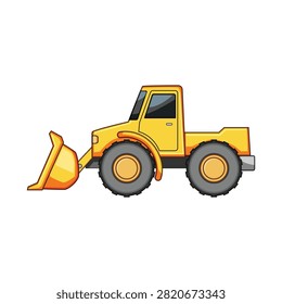 Yellow cartoon wheel loader illustration featuring a large bucket, big wheels, and a cab, symbolizing construction, heavy equipment, and childhood play