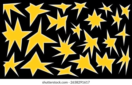 Yellow cartoon-style stars in random shapes on a black background, with white inner glow and 3d effect with a bold and playful appearance, ideal for decorations or party-themed designs.