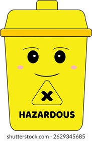 A yellow cartoon-style trash bin marked “HAZARDOUS” with a warning symbol and smiling face, ideal for educational projects about waste sorting.