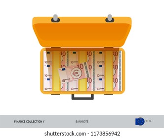 Yellow case with 10 Euro Banknotes. Flat style vector illustration. Salary payout or corruption concept.