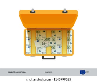 Yellow case with 100 Euro Banknotes. Flat style vector illustration. Salary payout or corruption concept.