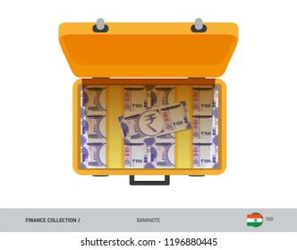 Yellow case with 100 Indian Rupee Banknotes. Flat style vector illustration. Salary payout or corruption concept.