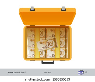 Yellow case with 100 Israeli New Shekel banknotes. Flat style vector illustration. Salary payout or corruption concept.