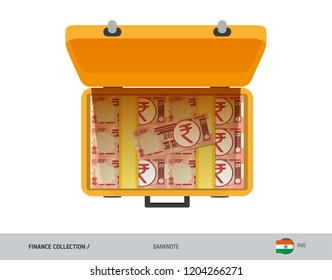 Yellow case with 20 Indian Rupee Banknotes. Flat style vector illustration. Salary payout or corruption concept.