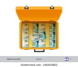 Yellow case with 200 Israeli New Shekel banknotes. Flat style vector illustration. Salary payout or corruption concept.