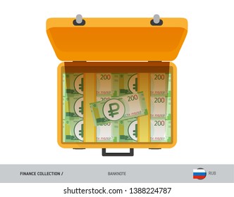 Yellow case with 200 Russian Ruble banknotes. Flat style vector illustration. Salary payout or corruption concept.