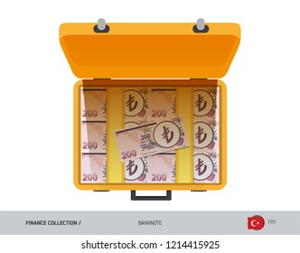 Yellow case with 200 Turkish Lira Banknotes. Flat style vector illustration. Salary payout or corruption concept.