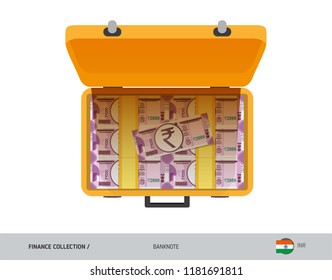 Yellow case with 2000 Indian Rupee Banknotes. Flat style vector illustration. Salary payout or corruption concept.