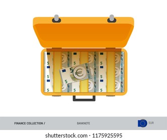 Yellow case with 5 Euro Banknotes. Flat style vector illustration. Salary payout or corruption concept.