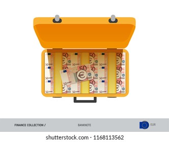 Yellow case with 50 Euro Banknotes. Flat style vector illustration. Salary payout or corruption concept.