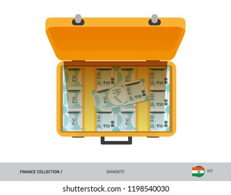 Yellow case with 50 Indian Rupee Banknotes. Flat style vector illustration. Salary payout or corruption concept.