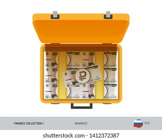 Yellow case with 50 Russian Ruble banknotes. Flat style vector illustration. Salary payout or corruption concept.