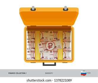 Yellow case with 5000 Russian Ruble banknotes. Flat style vector illustration. Salary payout or corruption concept.