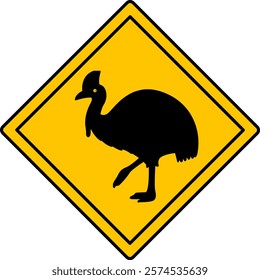 Yellow Cassowary Road Sign. Vector Icon. Bird. Road Sign Warning about Animal Crossing. Zoo Sticker