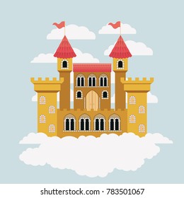 yellow castle of fairy tales in sky surrounded by clouds in colorful silhouette