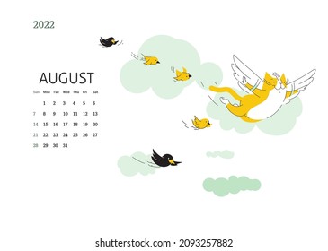 Yellow Cat - сalendar for August 2022 with сartoon сharacter cat. Flat vector color illustration.