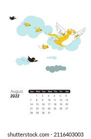 Yellow Cat - сalendar for August 2022 with сartoon сharacter cat. Flat vector color illustration.