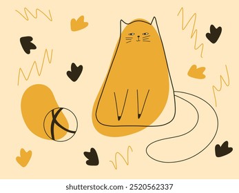 Yellow cat with a ball. Pets, cute pictures. Vector illustration