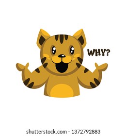 Yellow cat with brown stripes saying Why? vector illustration on a white background