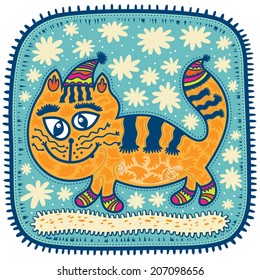 Yellow Cat in the cap with big eyes in socks winter walks in the snow
