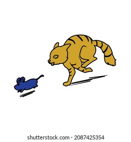 yellow cat chasing blue mouse, vector and illustration