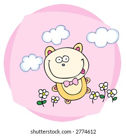 yellow cat color pink vegetation smile cat humor cloud clouds flowers caricature painting graphic graphical visual detailed humorous grinning grin comic image ornament illustration cartoon vector dais