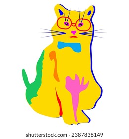 A yellow cat with a combination of green, red, pink, blue and orange, wearing glasses, looks very educated