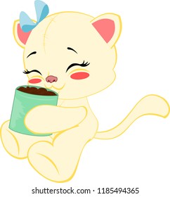 Yellow cat with a cup of chocolate.