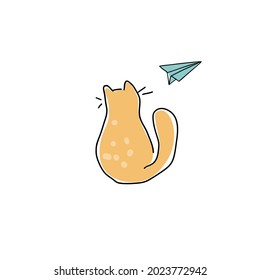 Yellow cat doodle. Cartoon cat vector hand drawn illustration.
