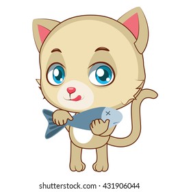 Yellow cat eager to eat fish