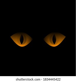 Yellow cat eyes gaze out of the darkness. Feline look of a black cat. The pupil of the eye. Black background. Kittens. Pets. Predators of the semestva kittens. Animal world. Template for text. Vector.