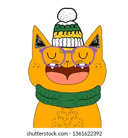 Yellow cat in a green scarf and hat with an open mouth/Cat vector.T-shirt print /Template for design cards, notebook,poster.