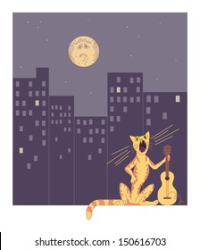 yellow cat with guitar singing in midnight
