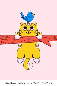 Yellow cat hanging onto a red tree branch, looking up with wide eyes as a blue bird perches calmly on its head cartoon vector illustration hand drawn for children's books, stickers