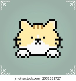 Yellow cat head in 8 bit pixel art for game assets in vector illustration.