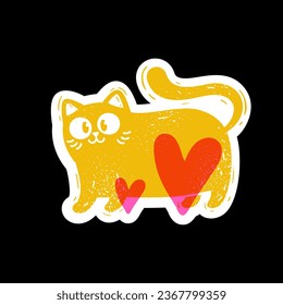 Yellow cat with heart standing on black background. Cute sticker character. Vector illustration isolated in risograph style