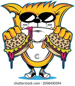 gato amarillo sosteniendo dos yummy hamburguesa