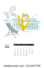 Gato amarillo - с alendar para junio de 2022 con с artoon с arco gato Dibujo de color vector plano.