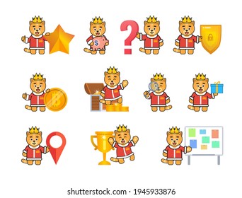 Yellow cat king characters set showing various emotions, facial expressions. Modern vector illustration