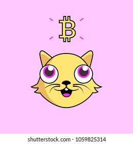 Yellow cat looking up to shining bitcoin symbol