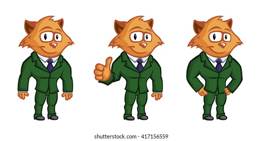 Yellow cat mascot. Cute guy in a green suit and a purple tie and white shirt. Ginger hair, lovely eyes, big ears