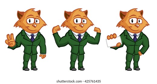 Yellow cat mascot. Ginger hair, lovely eyes, big ears. Cute guy in a green suit and a purple tie and white shirt.