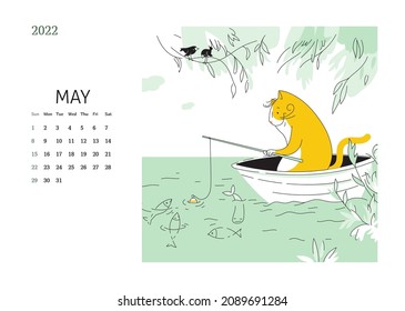 Yellow Cat - сalendar for May 2022 with сartoon сharacter cat. Flat vector color illustration.