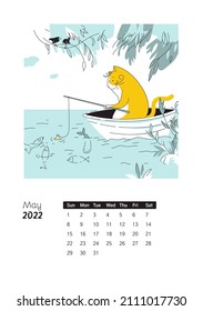 Yellow Cat - сalendar for May 2022 with сartoon сharacter cat. Flat vector color illustration.