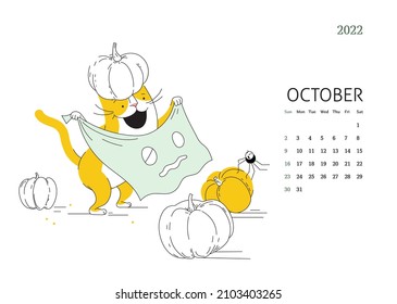 Yellow Cat - сalendar for October 2022 with сartoon сharacter cat. Flat vector color illustration.