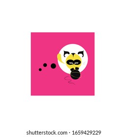 Yellow cat plays with a ball of thread, pet, kitten, cartoon, banner, animals