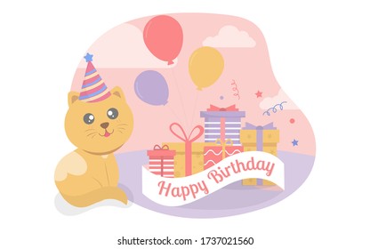 The yellow cat sat beside the gift box and balloons at the birthday party.Vector Illustrator.Party invitation card.Birthday party set cartoon animal.