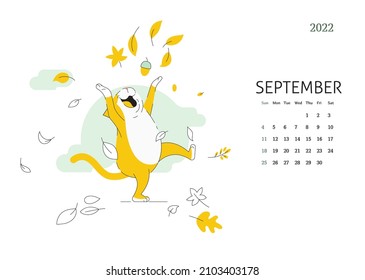 Yellow Cat - сalendar for September 2022 with сartoon сharacter cat. Flat vector color illustration.