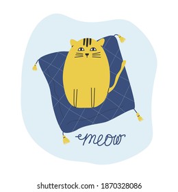 Un gato amarillo se sienta sobre una almohada azul y la palabra escrita a mano me miente. Ilustración de vector circular en un fondo azul de forma libre. Ideal para diseñar stickers, postales y afiches.